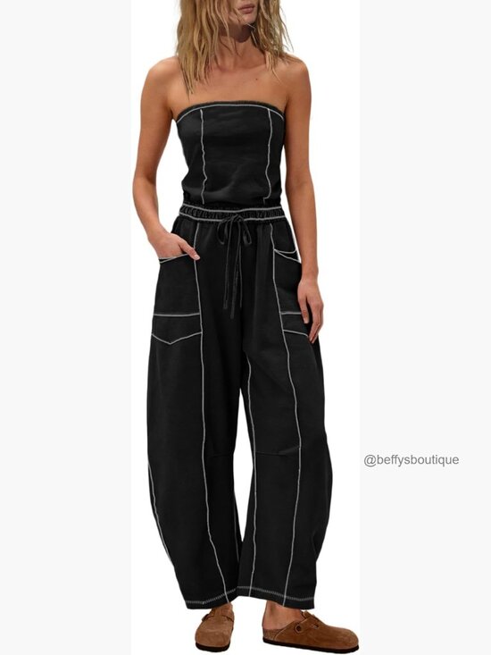 Pants - Strapless Tube Top Barrel Wide Leg Jumpsuit with Pockets